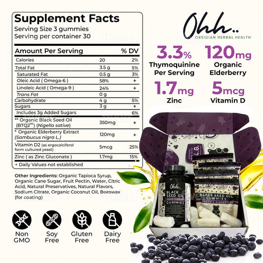 Obsidian Herbal Health gummies close-up showing elderberry and black seed fusion