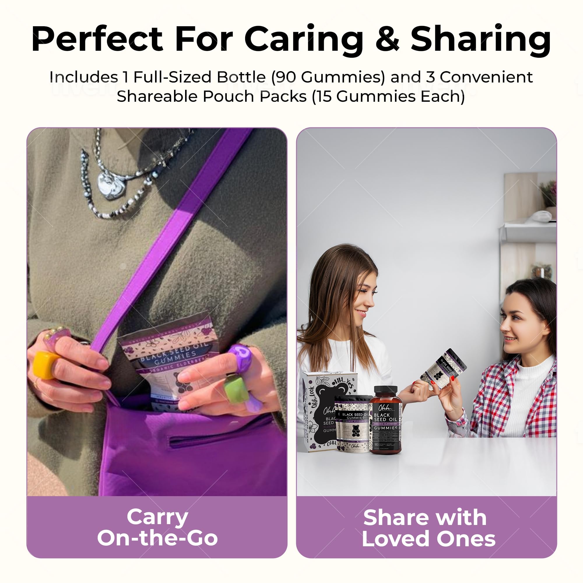 Three-shareable pouch packs of Obsidian Herbal Health gummies for on-the-go use