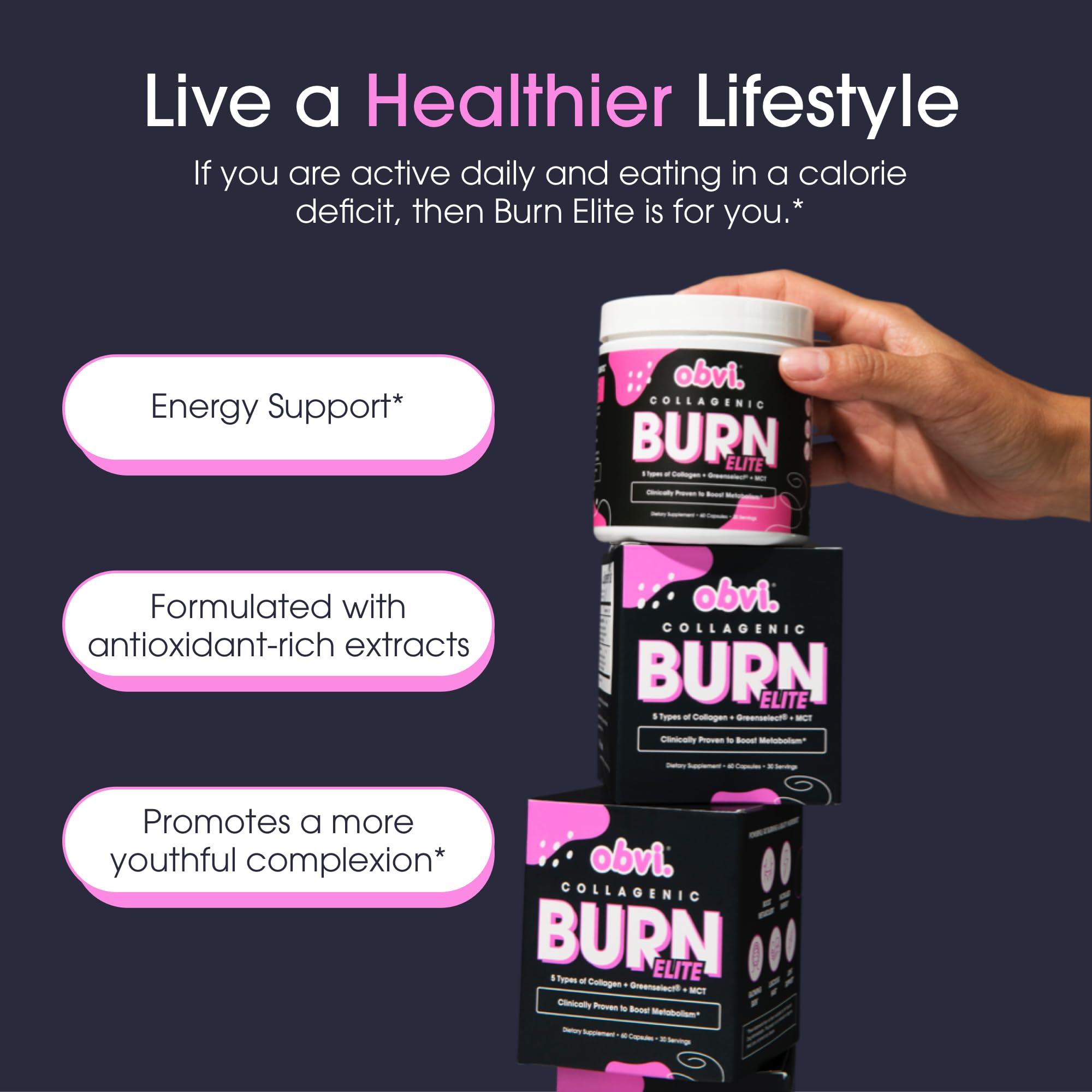 Obvi Burn Elite bottle on a kitchen counter ready for an active lifestyle.