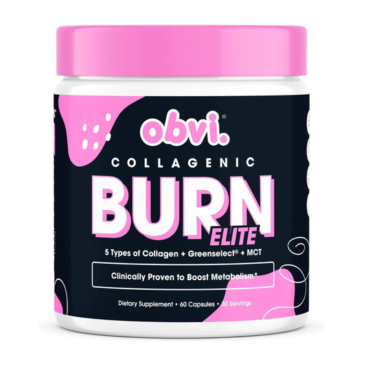 Obvi Burn Elite bottle with capsules showing metabolism support and energy potential.