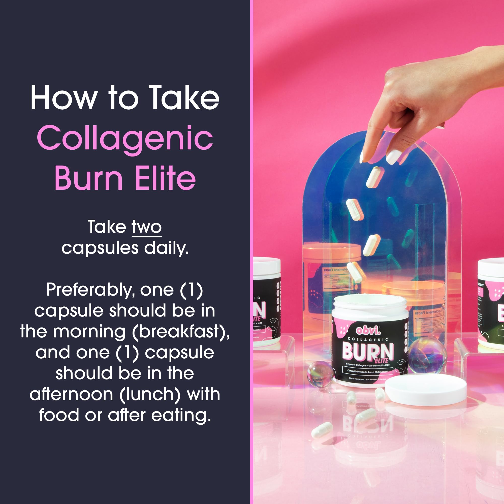 Obvi Burn Elite capsule close-up highlighting five collagen types for skin and joints.
