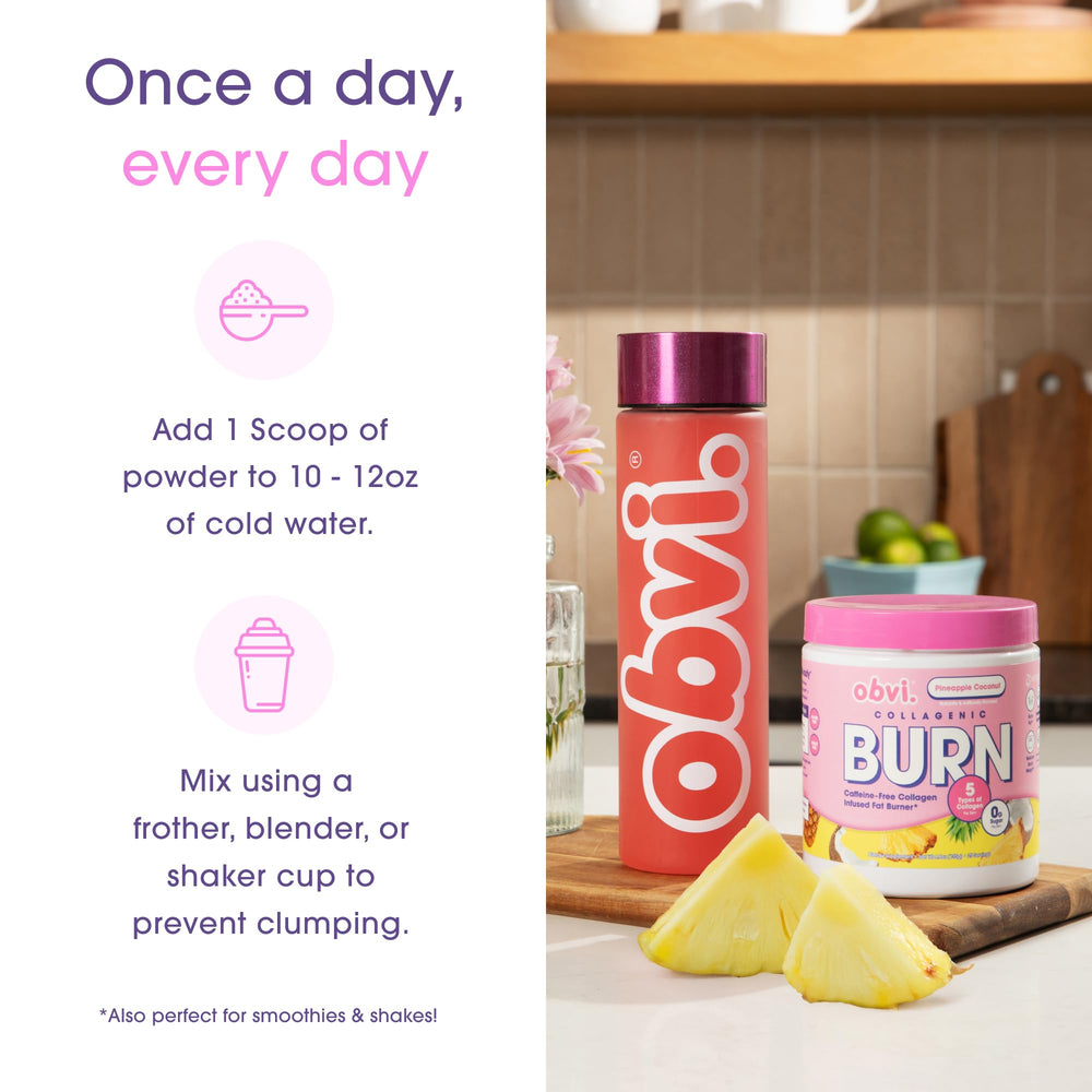 Five types of collagen in Obvi Burn Powder support skin, nails, hair, and joints within a routine.