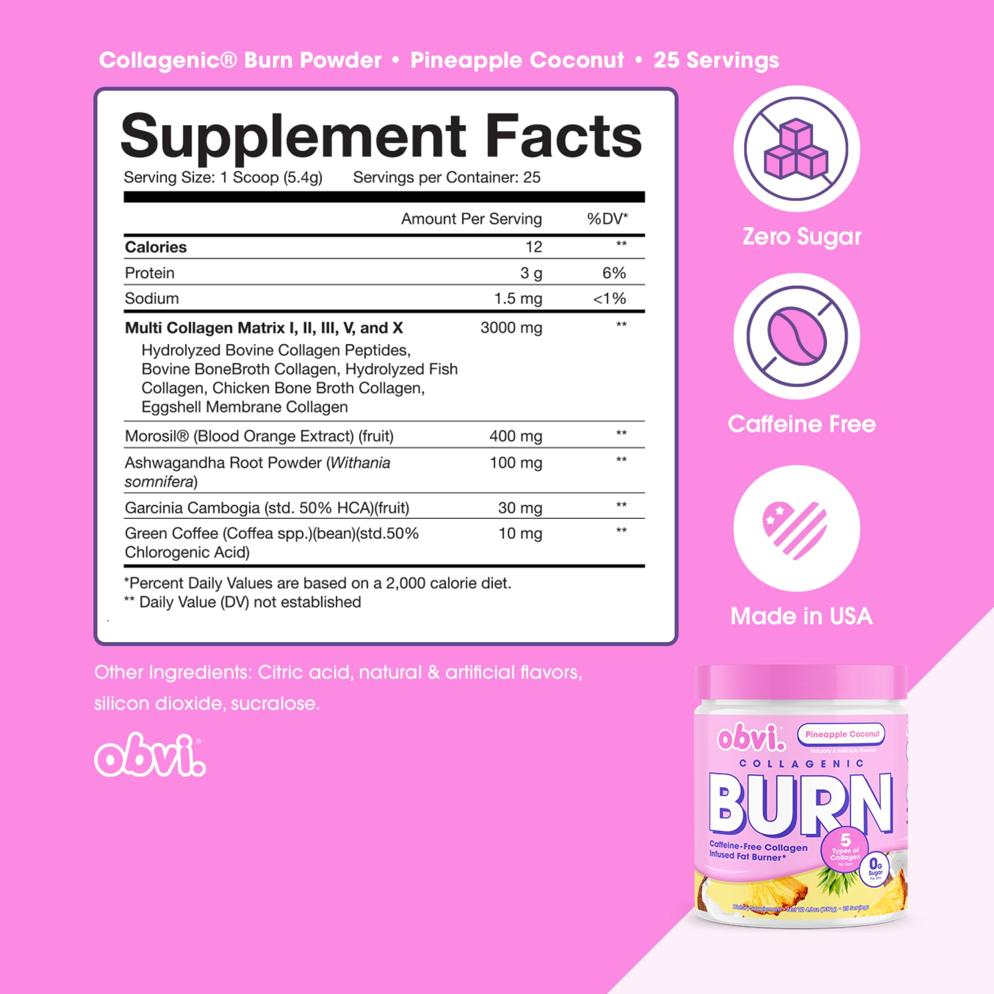Scoop beside Obvi Collagenic Burn Powder enables precise daily portion control.