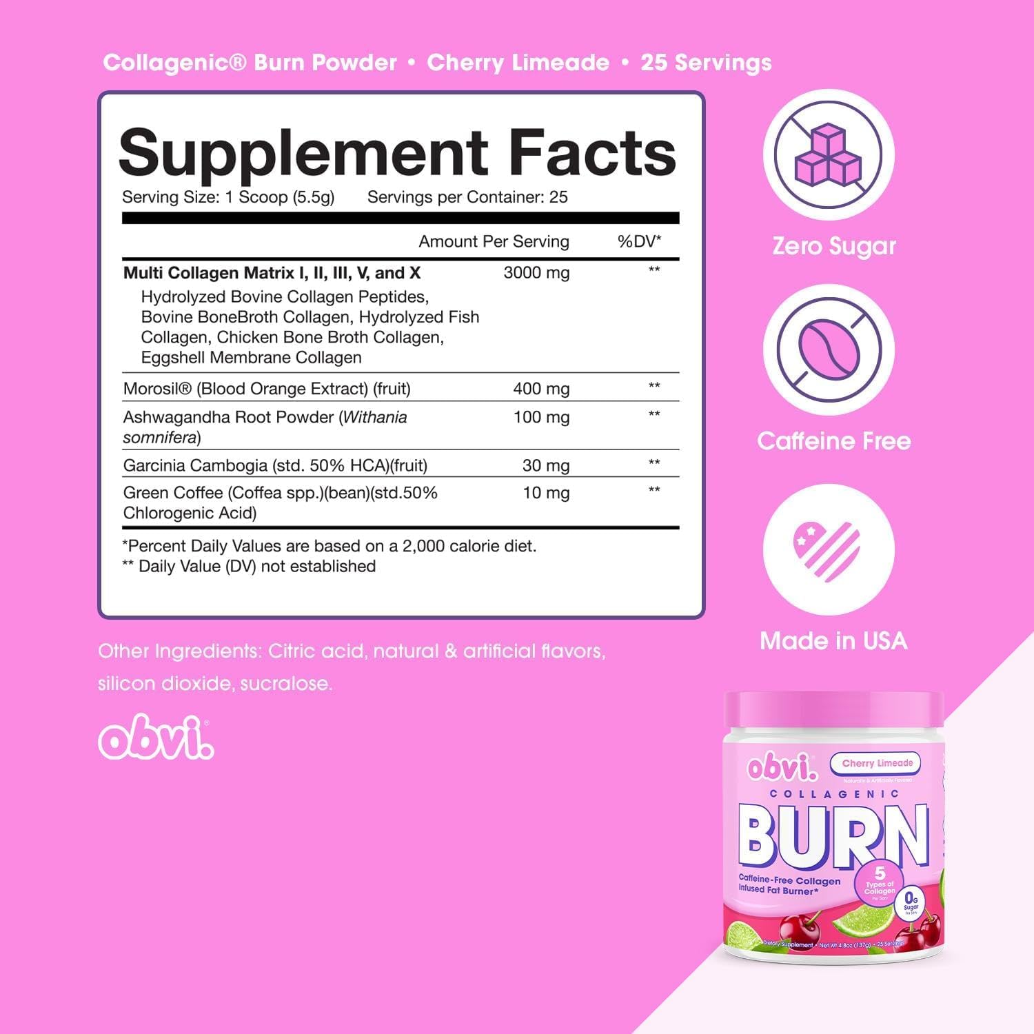 Scoop beside tub for precise, on-the-go servings of Obvi Collagenic Burn.