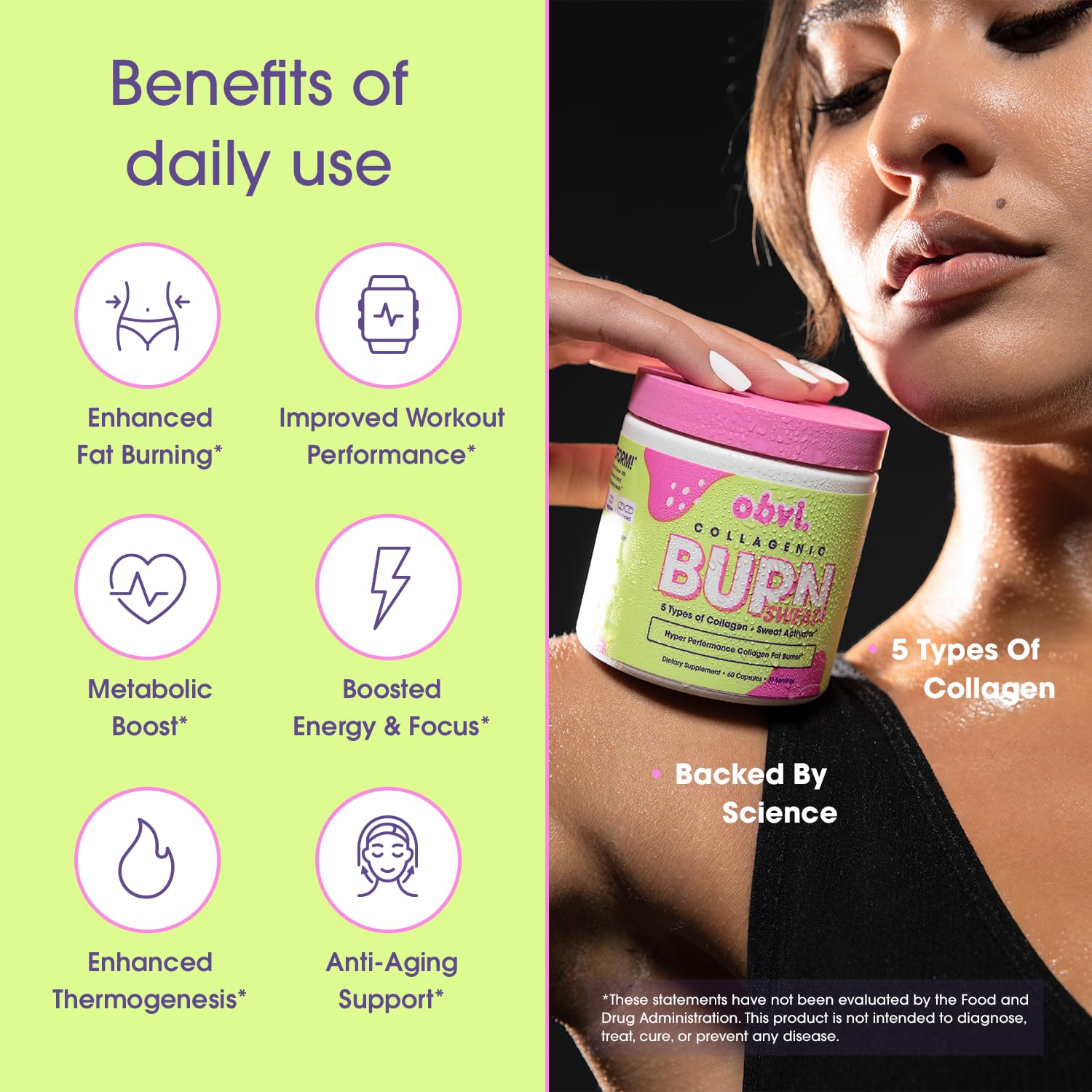 Obvi Collagenic Burn Sweat capsules closeup for daily energy.