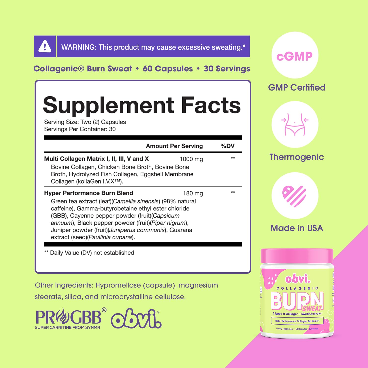 Obvi Collagenic Burn Sweat green tea extract label boosts alertness.