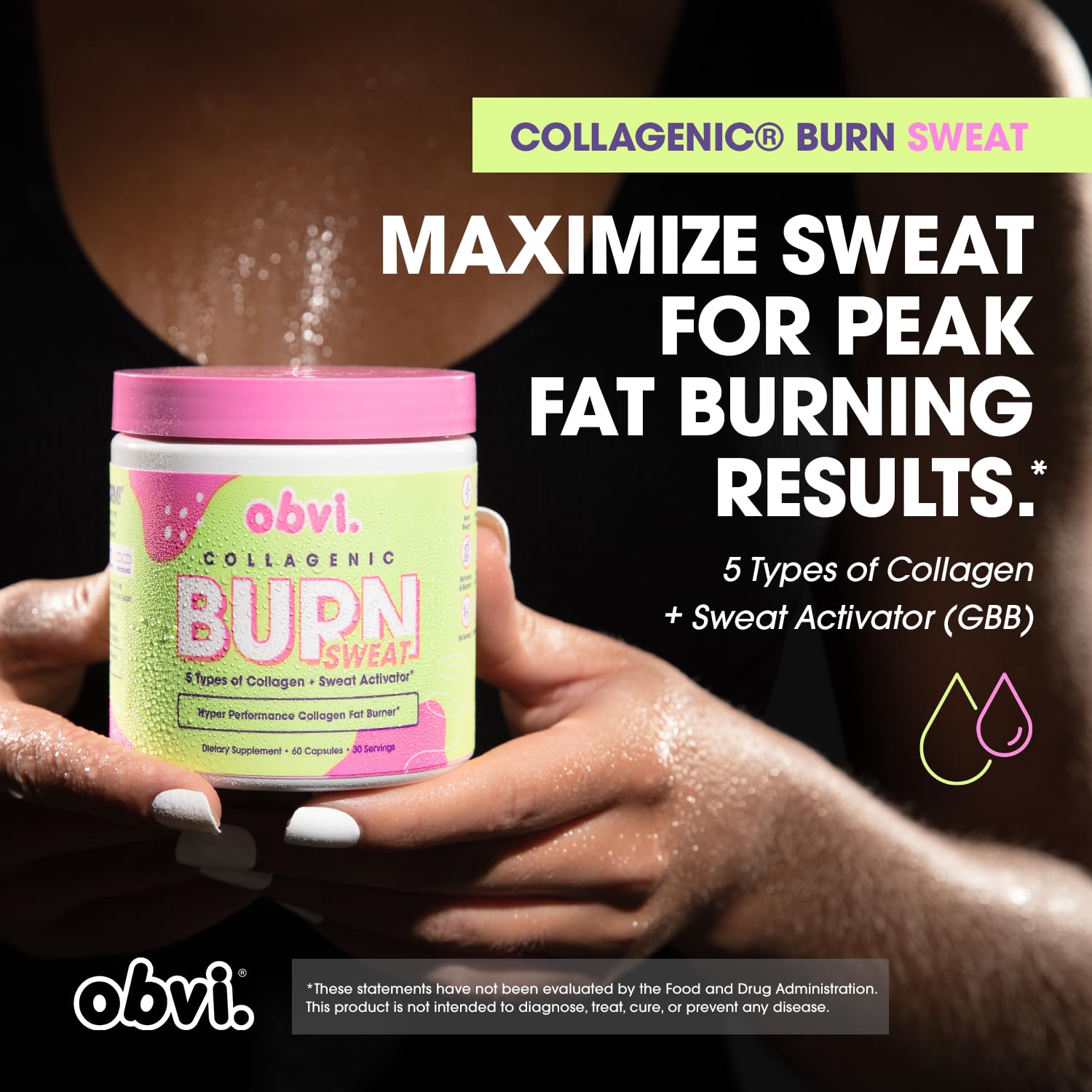 Obvi Collagenic Burn Sweat workout scene with capsules for performance.