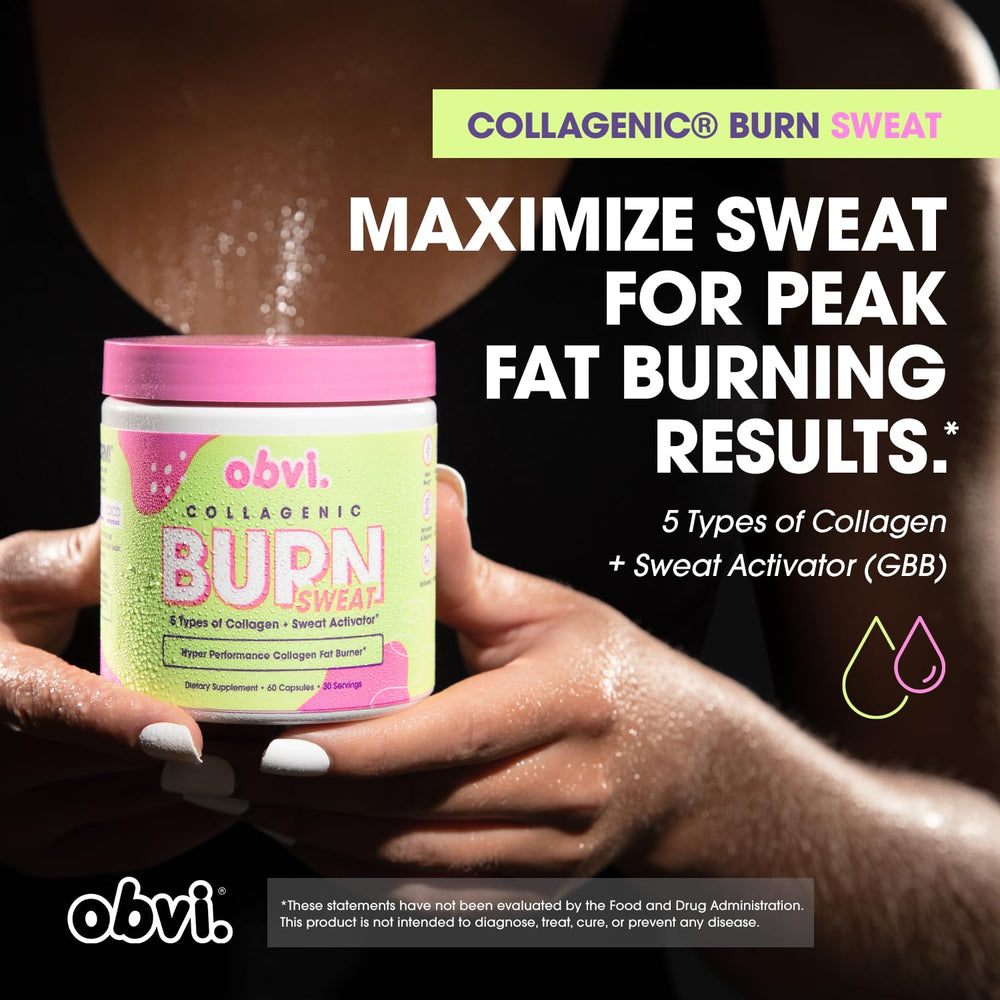 Obvi Collagenic Burn Sweat workout scene with capsules for performance.
