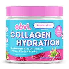 Obvi Hydration Powder bottle in raspberry rose flavor ready for daily hydration.