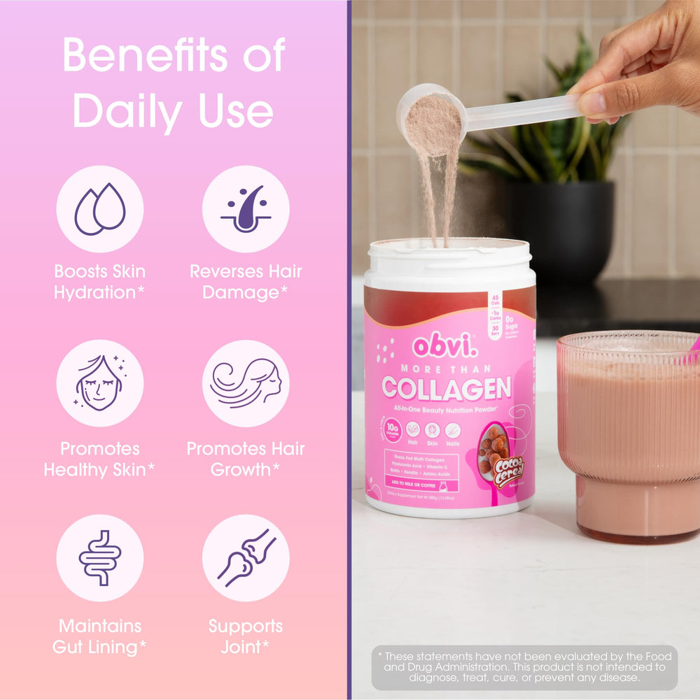 Obvi More Than Collagen being poured into milk for a beverage boost