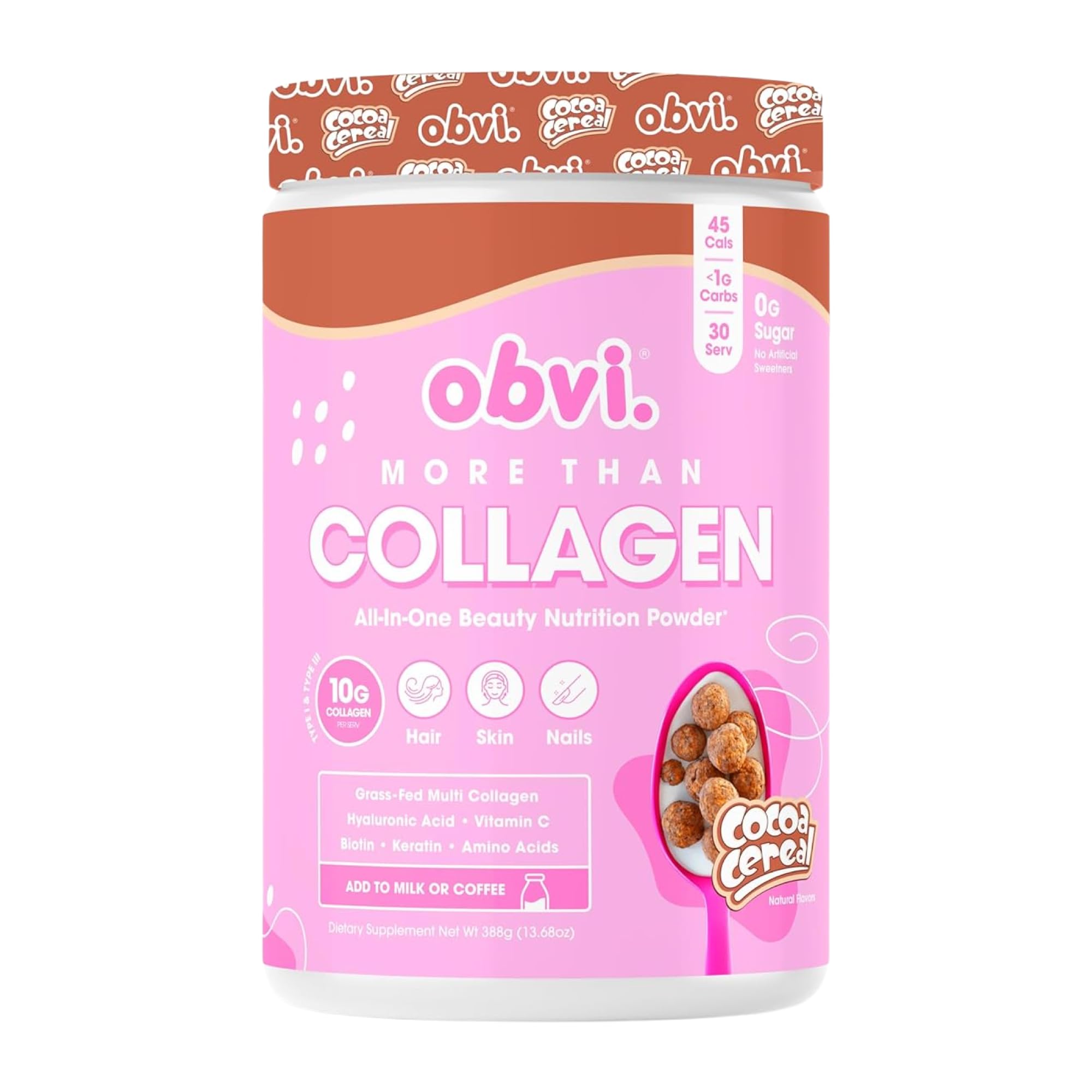 Obvi More Than Collagen powder tub on the counter for easy daily beauty support