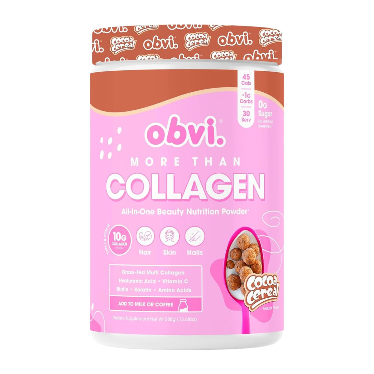 Obvi More Than Collagen powder tub on the counter for easy daily beauty support
