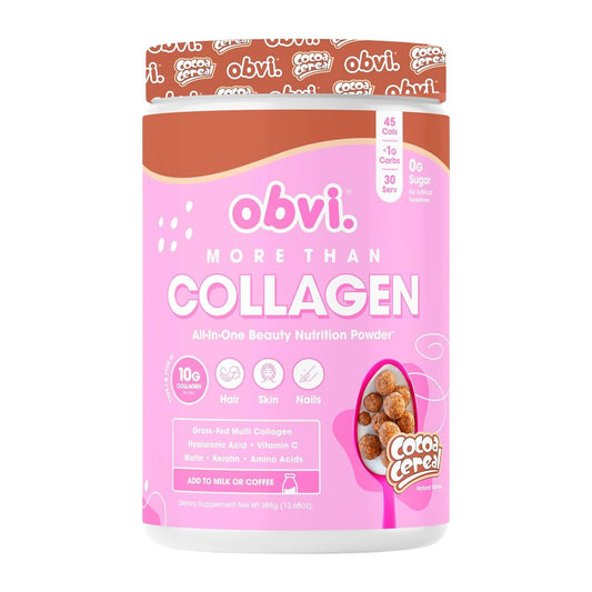 Obvi More Than Collagen powder tub on the counter for easy daily beauty support