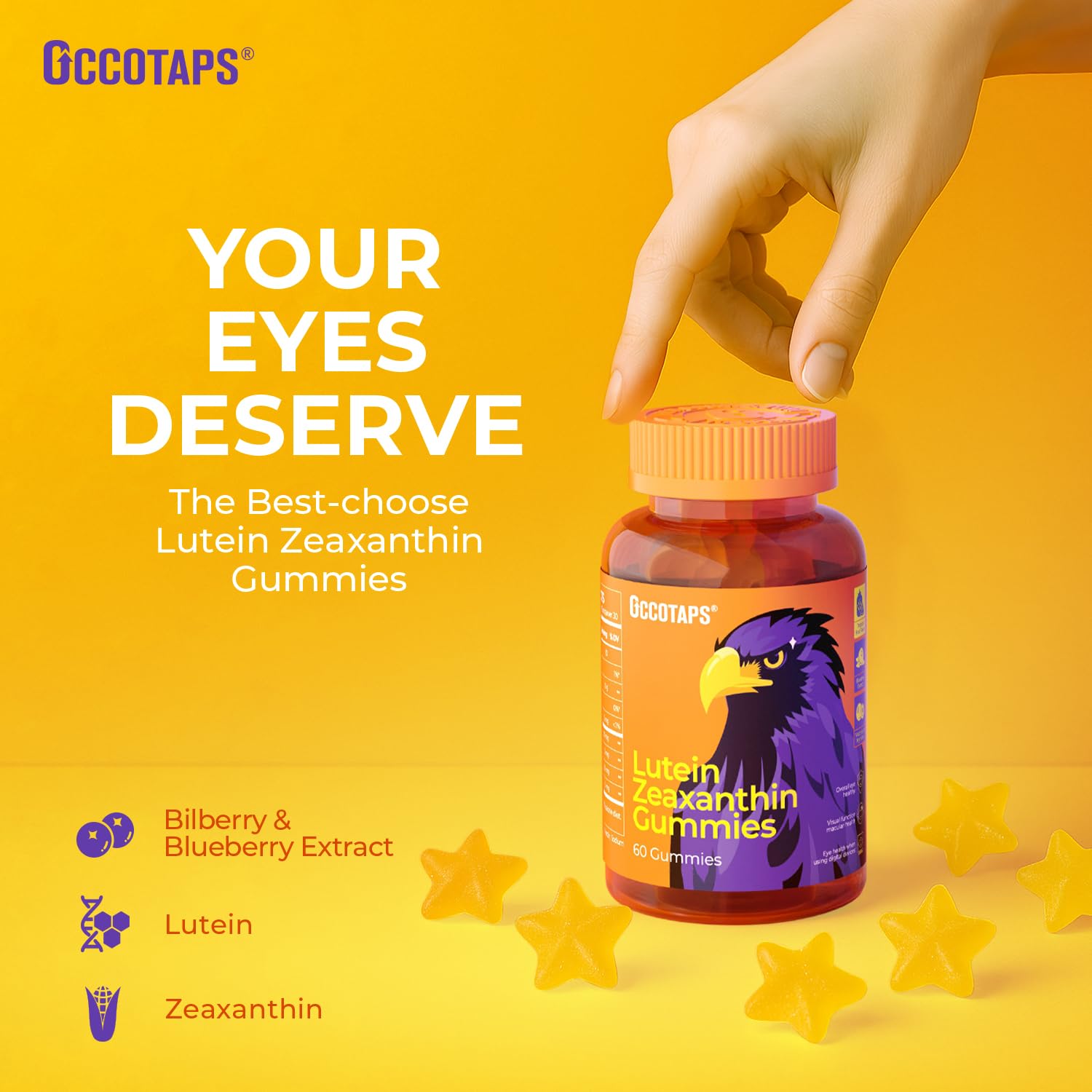 Occotaps bilberry extract label emphasizes natural antioxidant inclusion.