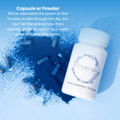 Close-up of Ocean Rx Blue Spirulina capsules highlighting purity.