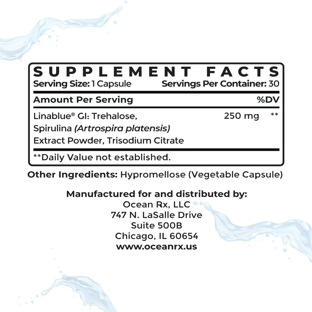 Ocean Rx Blue Spirulina capsules with spoon for easy serving.