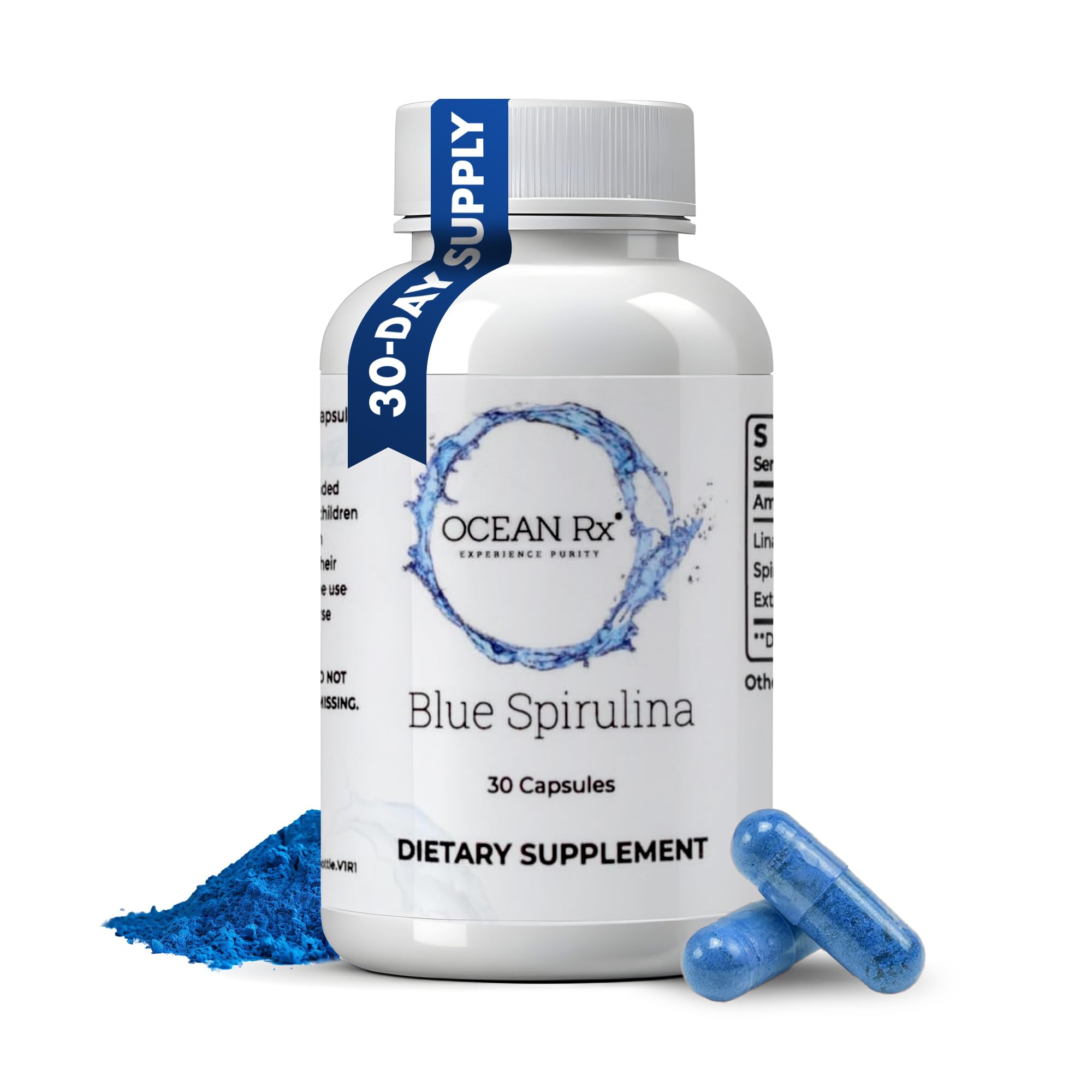 Ocean Rx Blue Spirulina bottle front showing pure capsules for daily wellness.
