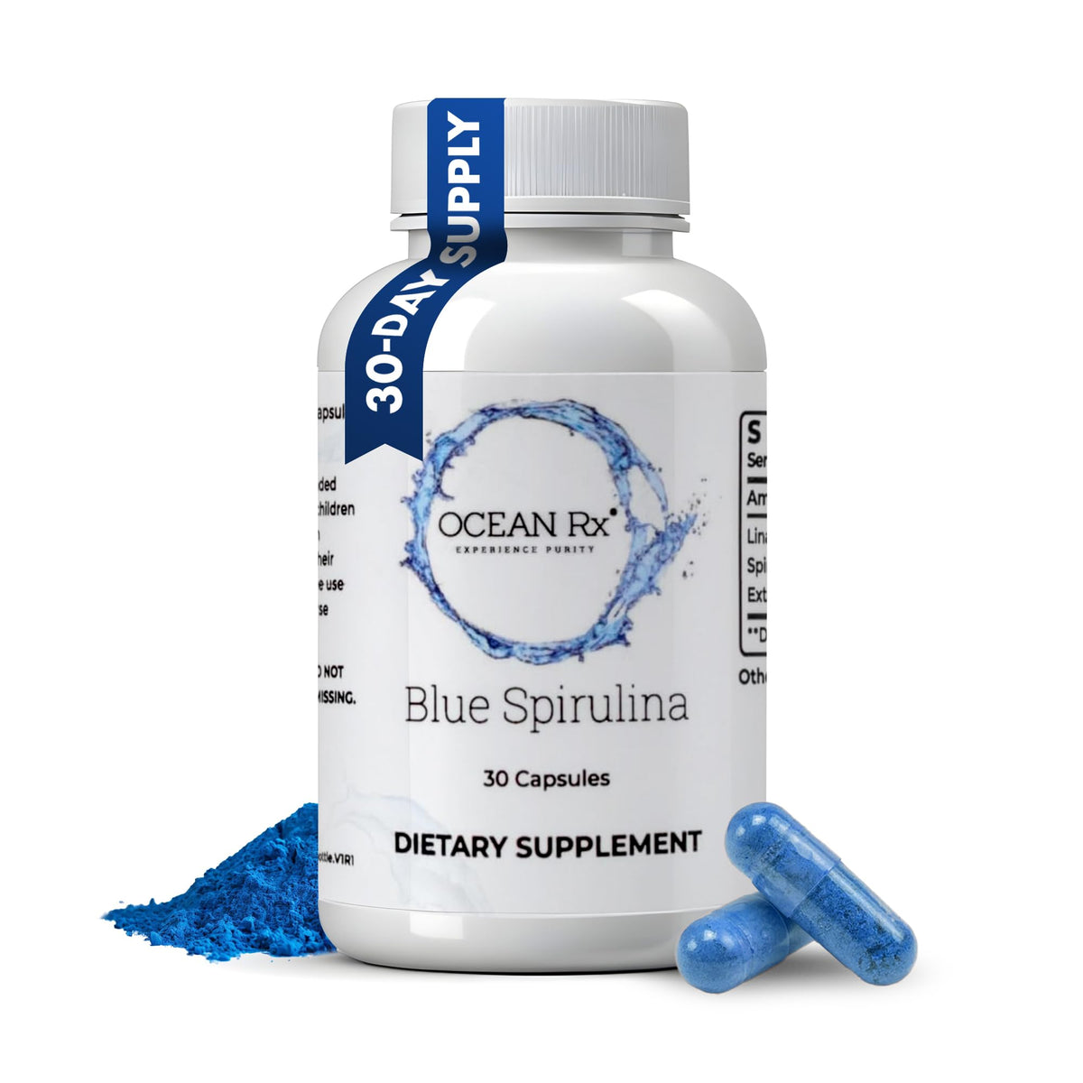Ocean Rx Blue Spirulina bottle front showing pure capsules for daily wellness.