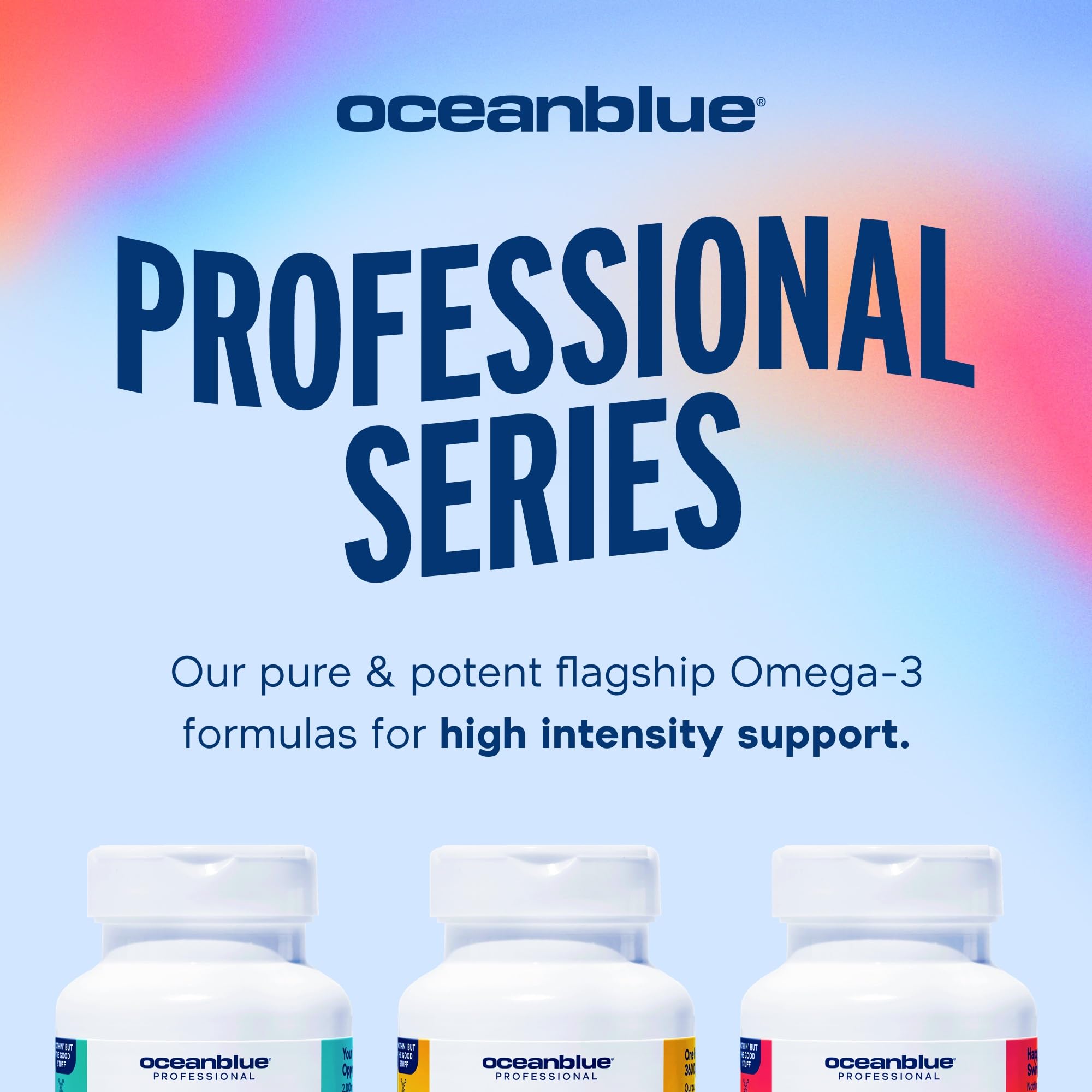 Oceanblue Omega-3 2100 bottle side highlights clean formula and high-quality ingredients.