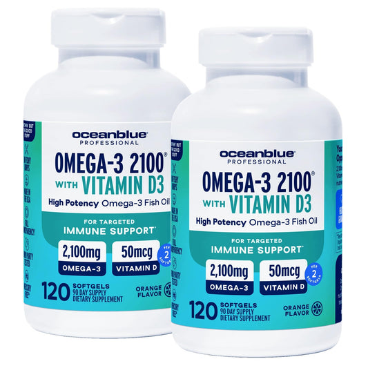 Oceanblue Omega-3 2100 orange bottle for convenient daily supplementation.