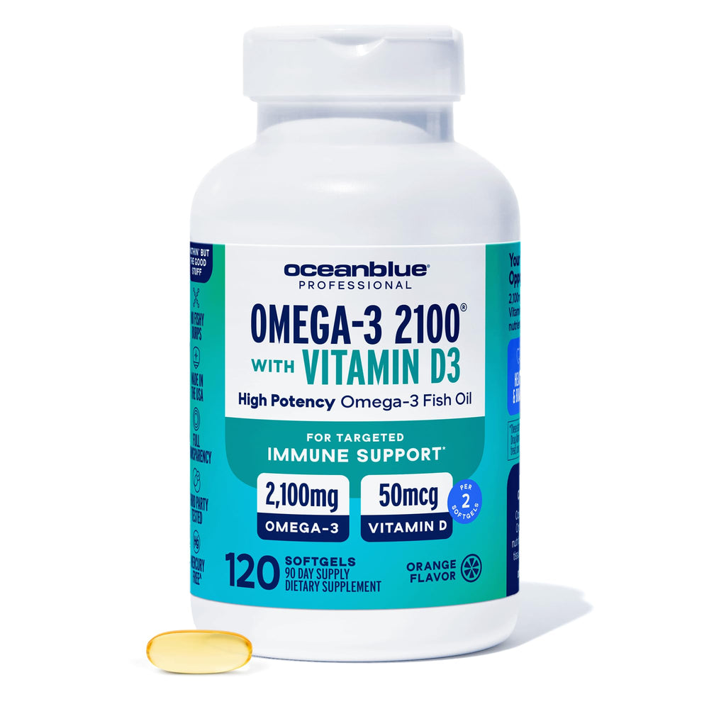 Oceanblue Omega-3 2100 orange bottle showing triple-strength formula.