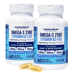 Oceanblue Omega-3 2100 orange bottle with triple strength capsules for daily heart and immune support