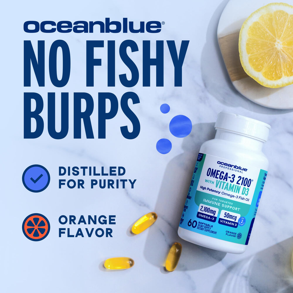 Orange-flavored Oceanblue Omega-3 2100 bottle ready for daily use.
