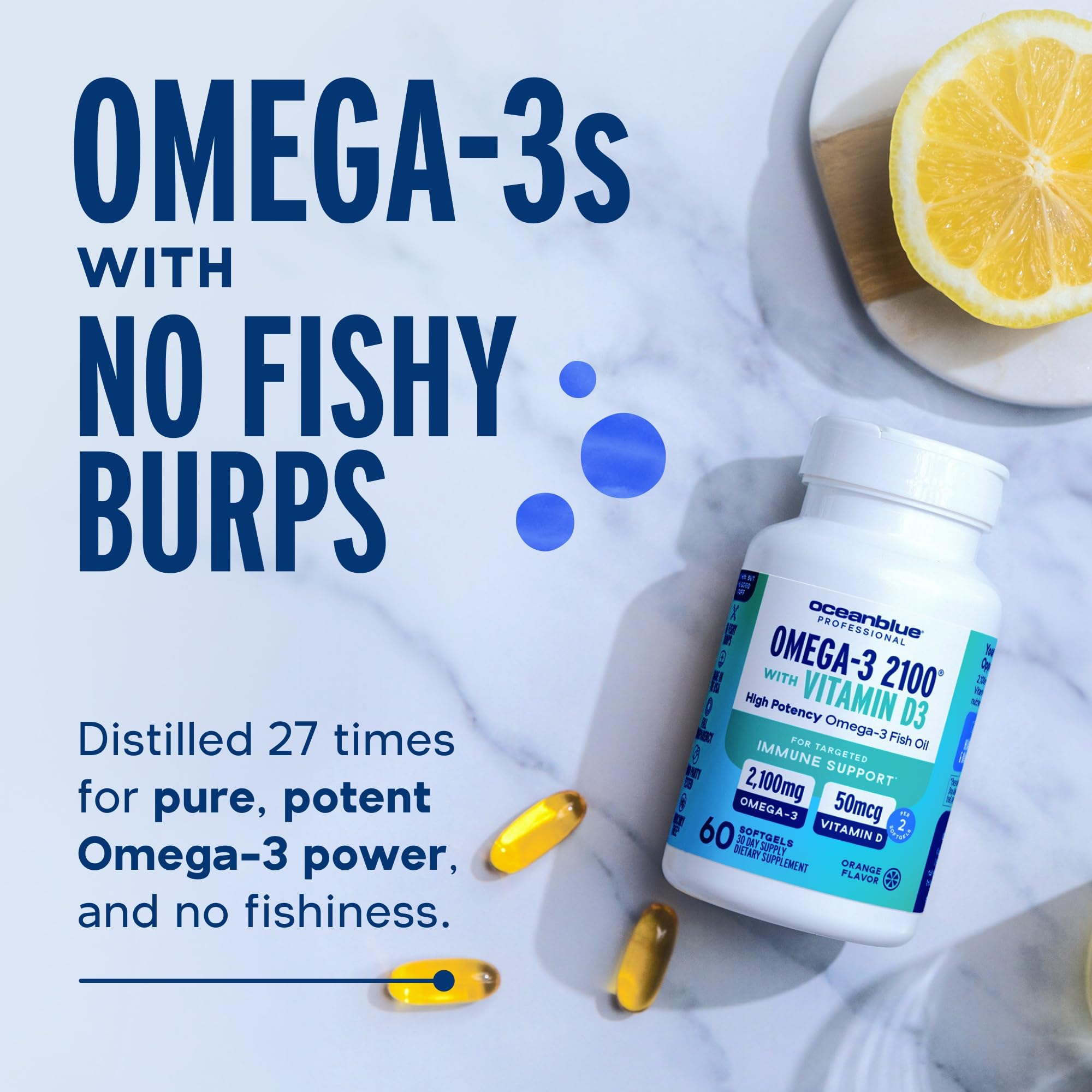 Oceanblue Omega-3 2100 orange flavor image suggests a pleasant intake experience.