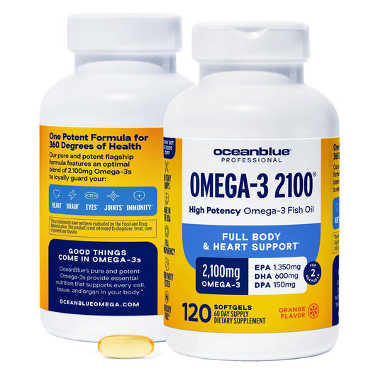 Oceanblue Omega-3 bottle front shows triple-strength formula for daily wellness.