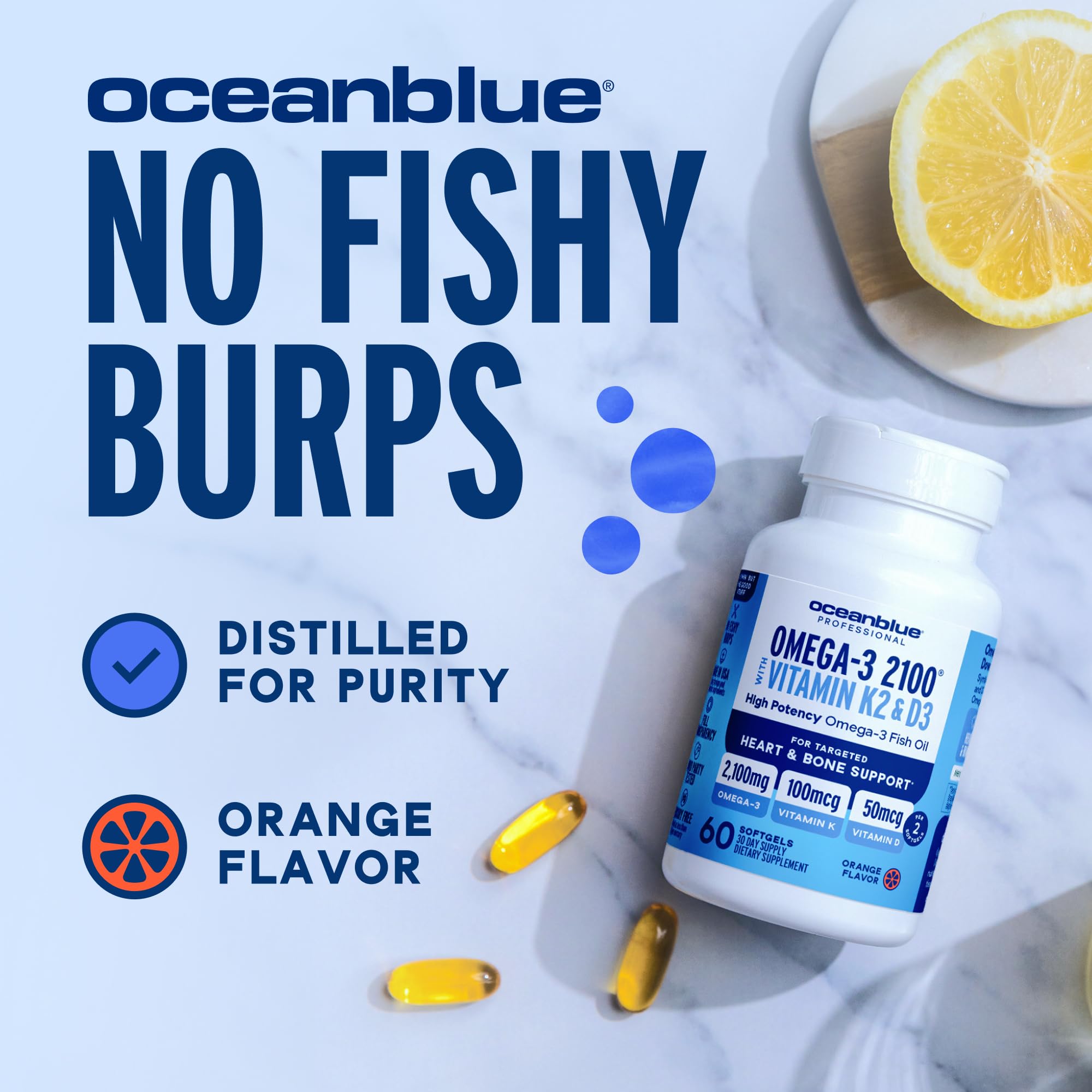 Oceanblue Omega-3 2100 label displays EPA/DHA/DPA breakdown