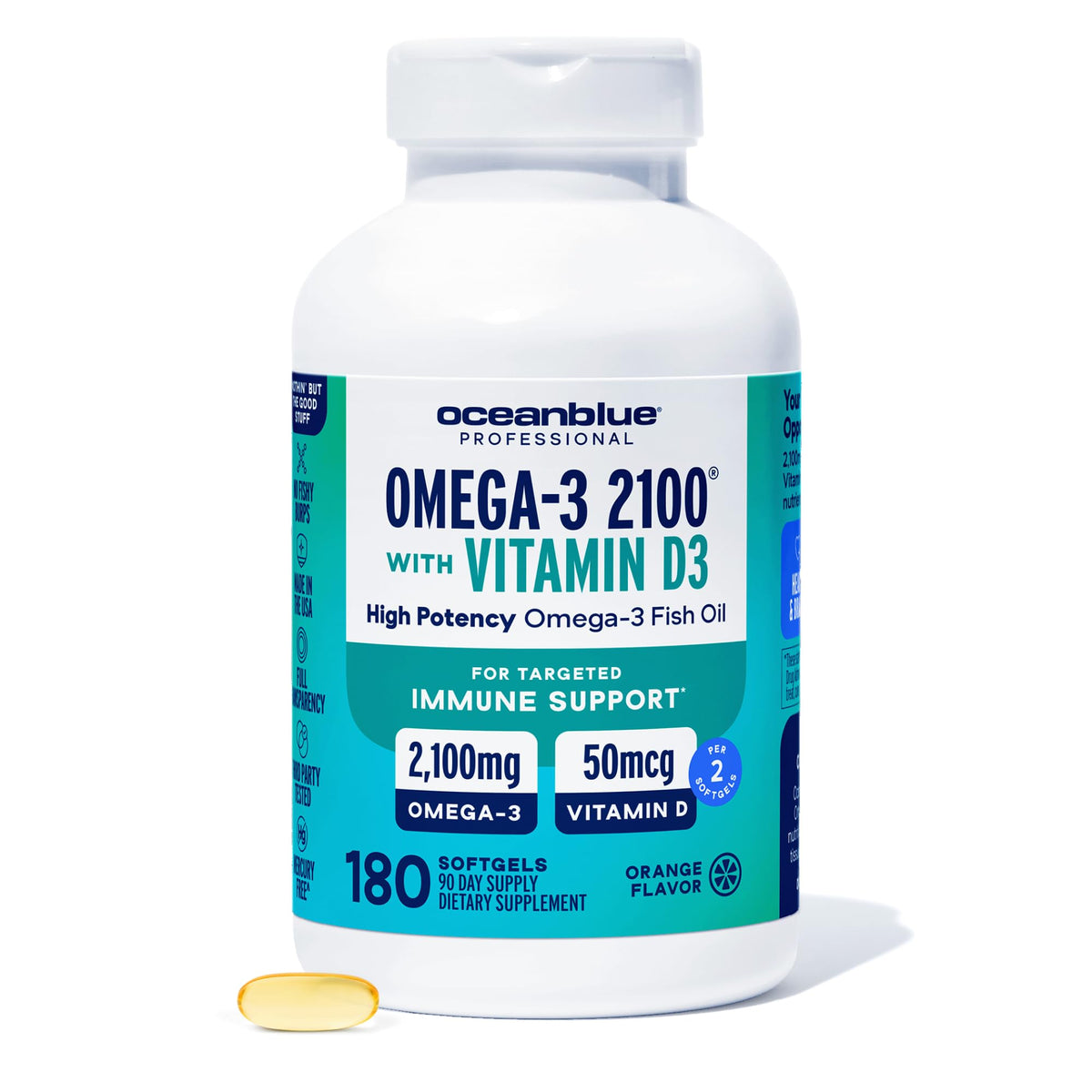 Oceanblue Professional Fish Oil bottle front showing triple-strength omega-3 for daily intake