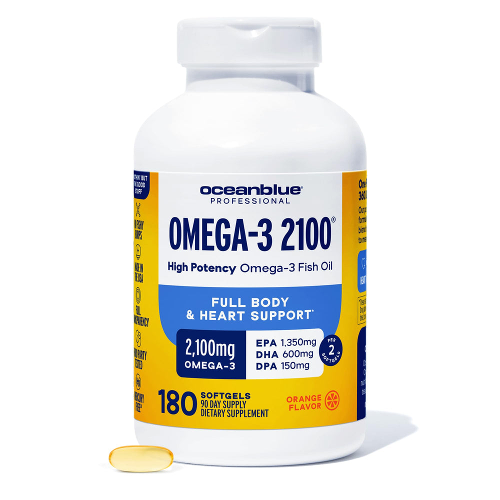 Oceanblue Professional Omega-3 2100 bottle front shows premium triple strength formula