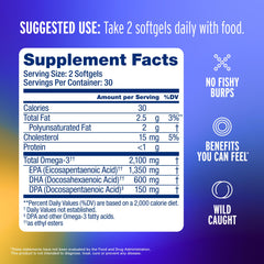 Oceanblue Omega-3 2100mg capsule closeup highlights easy-swallow burpless capsules.