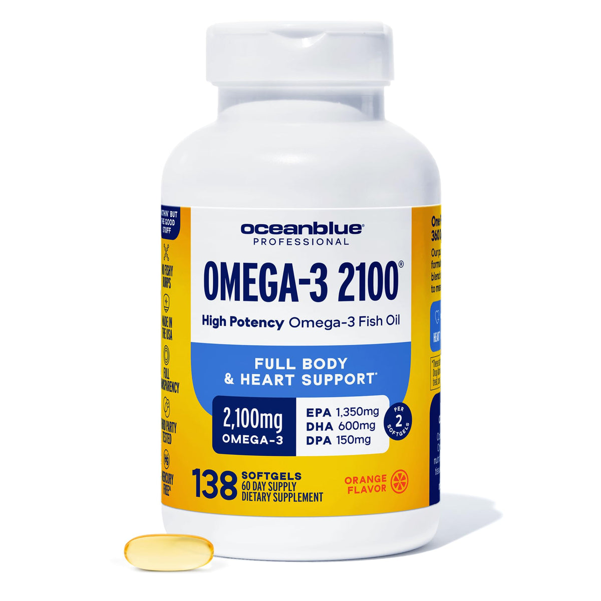 Oceanblue Professional Omega-3 2100mg bottle with burpless softgels for daily wellness