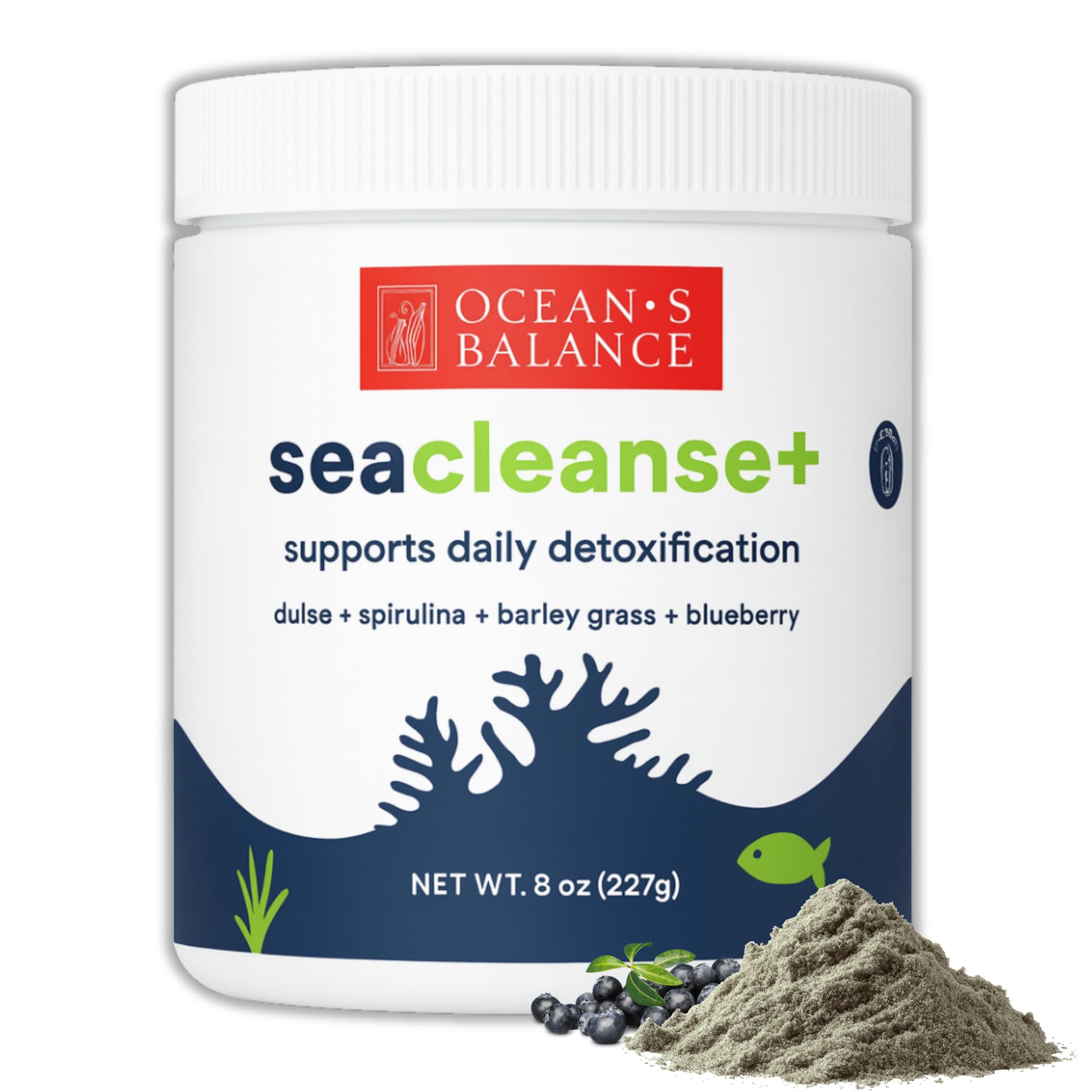 Ocean's Balance Seacleanse+ bottle front showing gentle daily detox benefits.