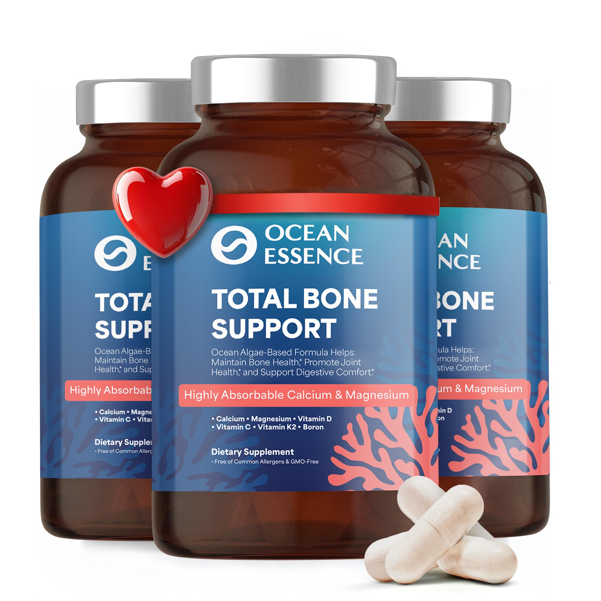 OCEAN ESSENCE Total Bone Support three-pack bottle front with plant-based capsules for bone health support