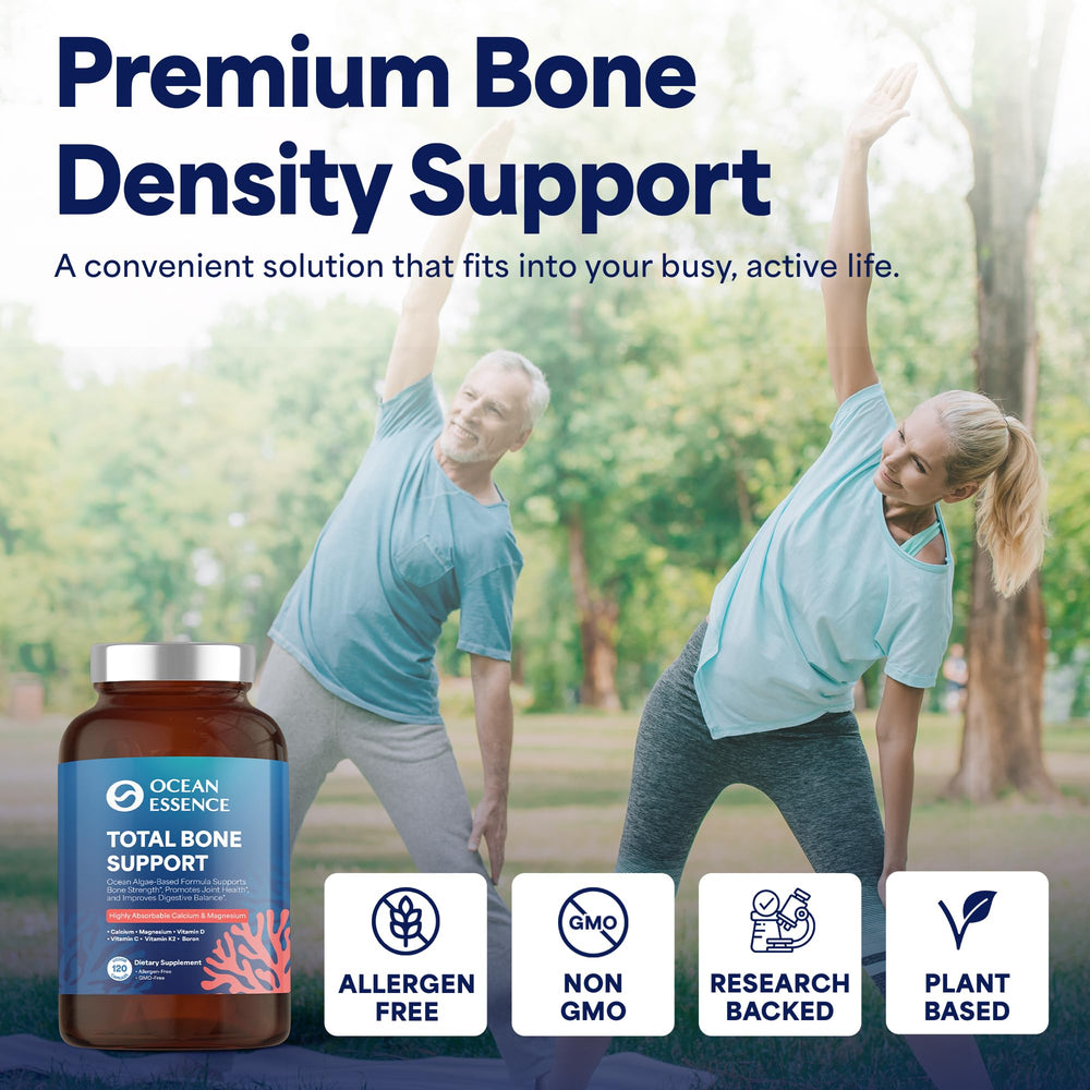 OCEAN ESSENCE Total Bone Support bottle back label highlighting Aquamin algae calcium and nutrients