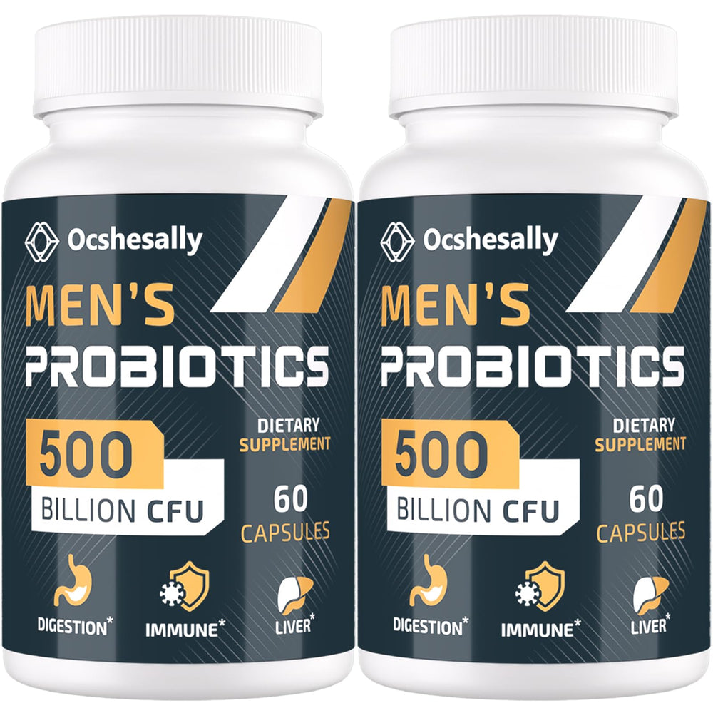 Ocshesally Probiotics for Men 500B CFUs bottle shows premium packaging for daily gut support