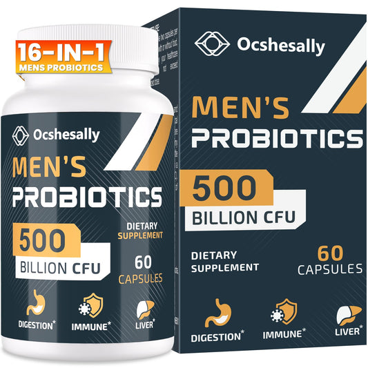 Ocshesally Probiotics for Men bottle with 60 capsules for daily gut support.