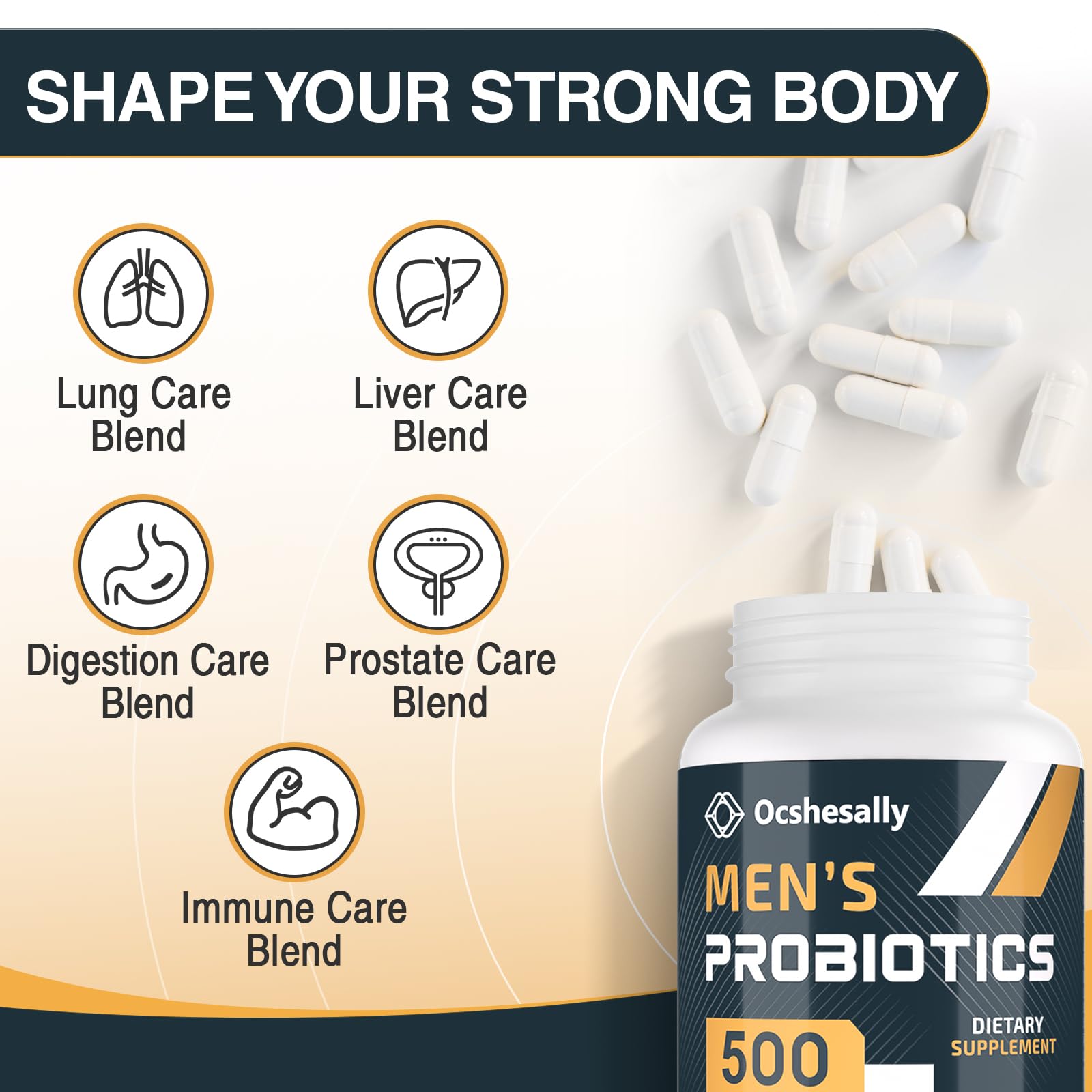 Ocshesally Probiotics for Men bottle pour ready for on-the-go use.
