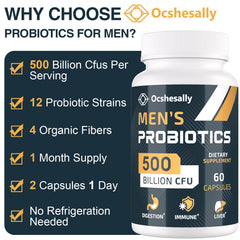 Ocshesally Probiotics for Men packaging front highlighting 12 strains and 500B CFU.