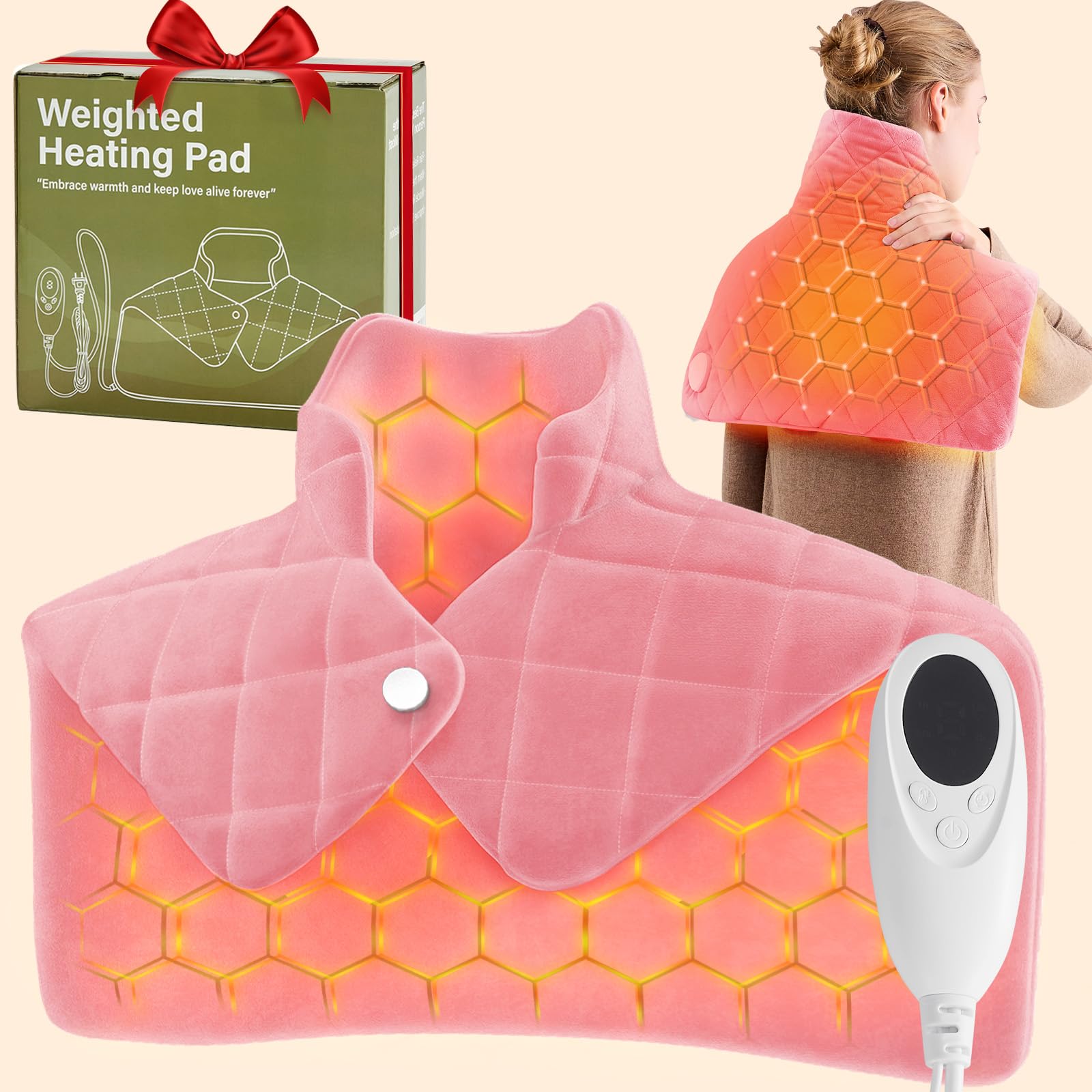 OCTROT pink weighted heating pad provides full back, neck and shoulder warmth with 18x22 inch coverage.