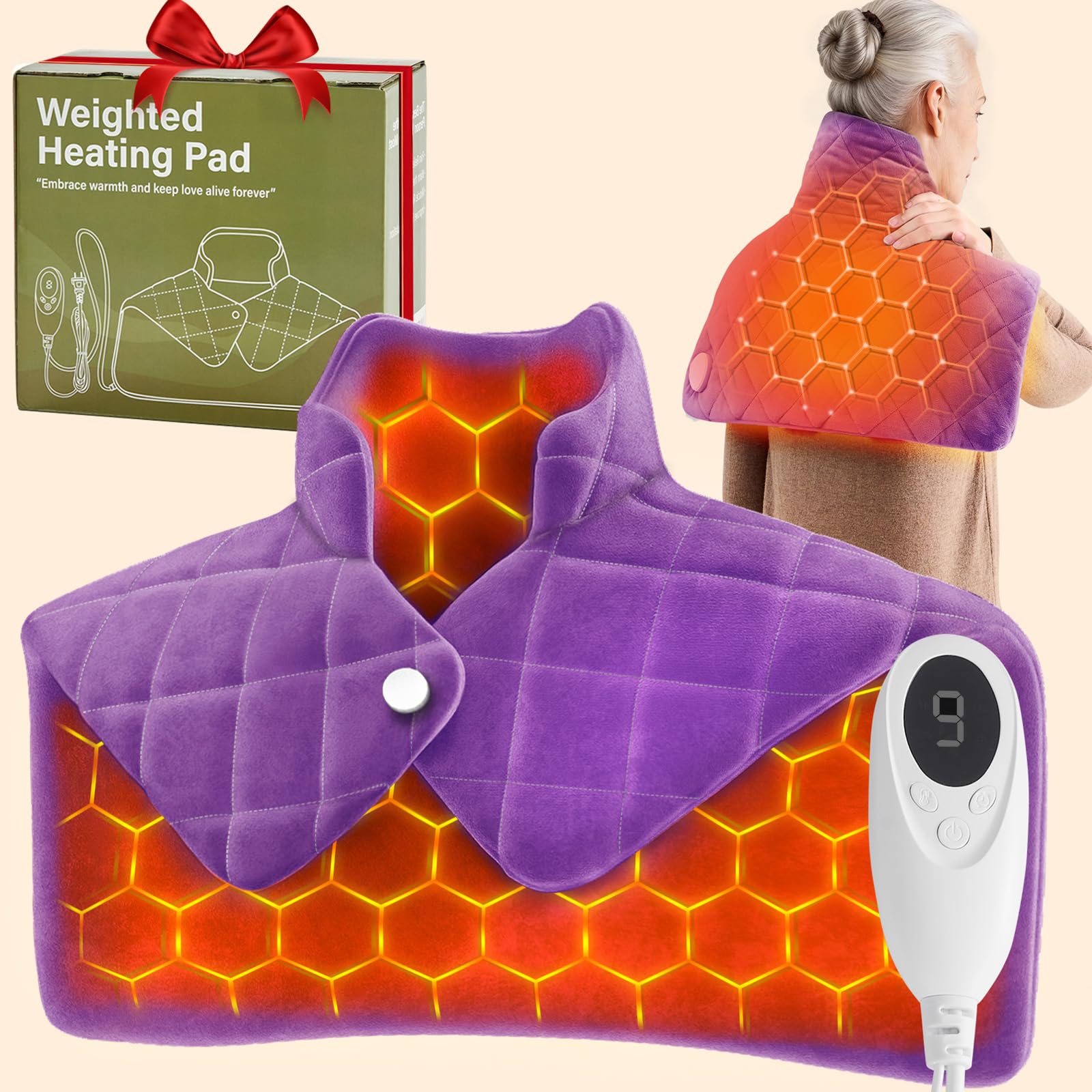 OCTROT purple weighted heating pad shows full-coverage grid for even heat across shoulders and back