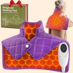 OCTROT purple weighted heating pad shows full-coverage grid for even heat across shoulders and back