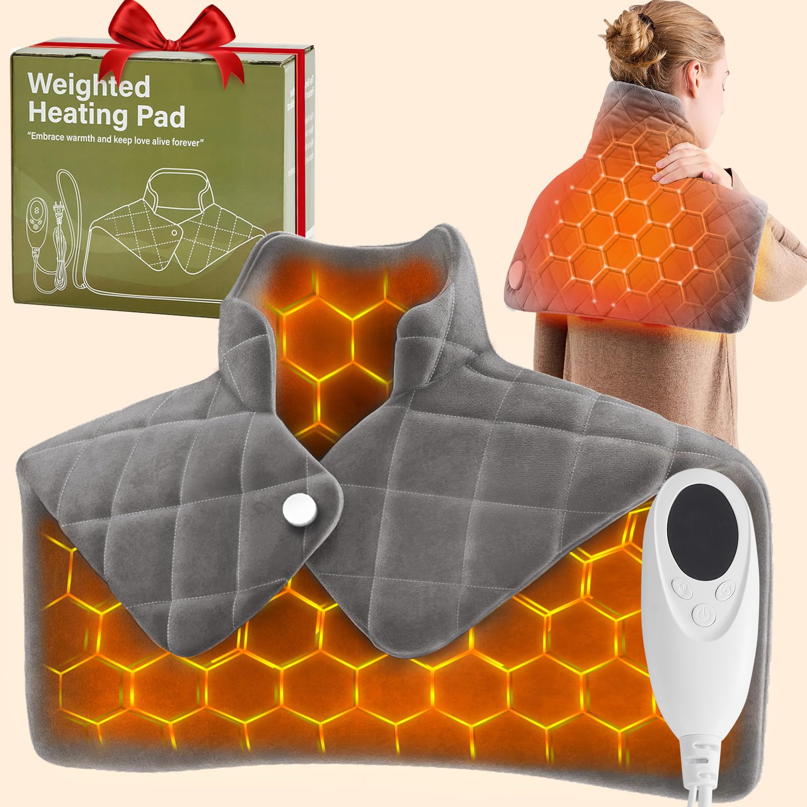 OCTROT weighted heating pad on neck and shoulders delivers even warmth.