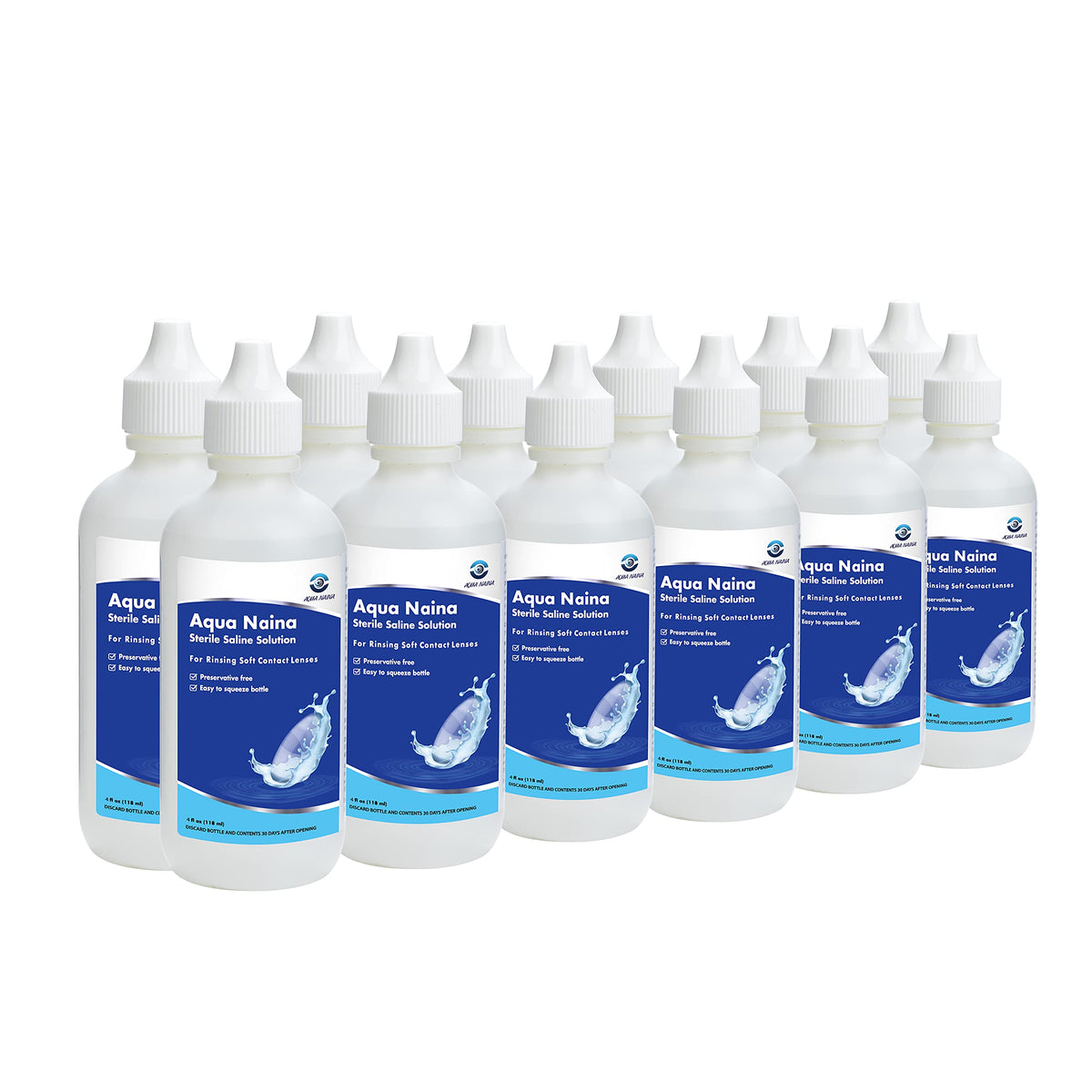Oculus Curae Aqua Naina bottle front view for preservative-free lens rinsing.