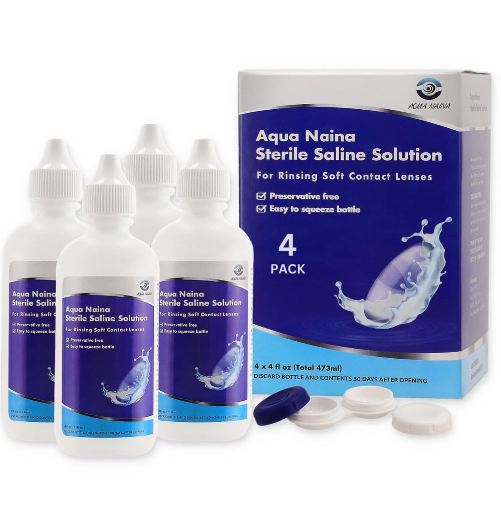 Oculus Curae Aqua Naina bottle with tapered dispensing tip for hygienic, gentle lens rinsing.