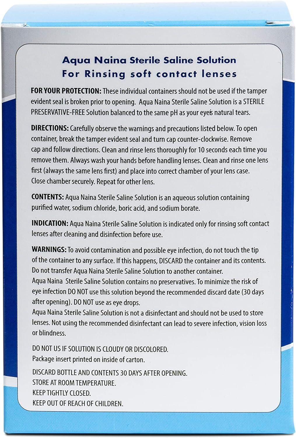 Oculus Curae Aqua Naina label clarifies sterile saline use for safe lens care.