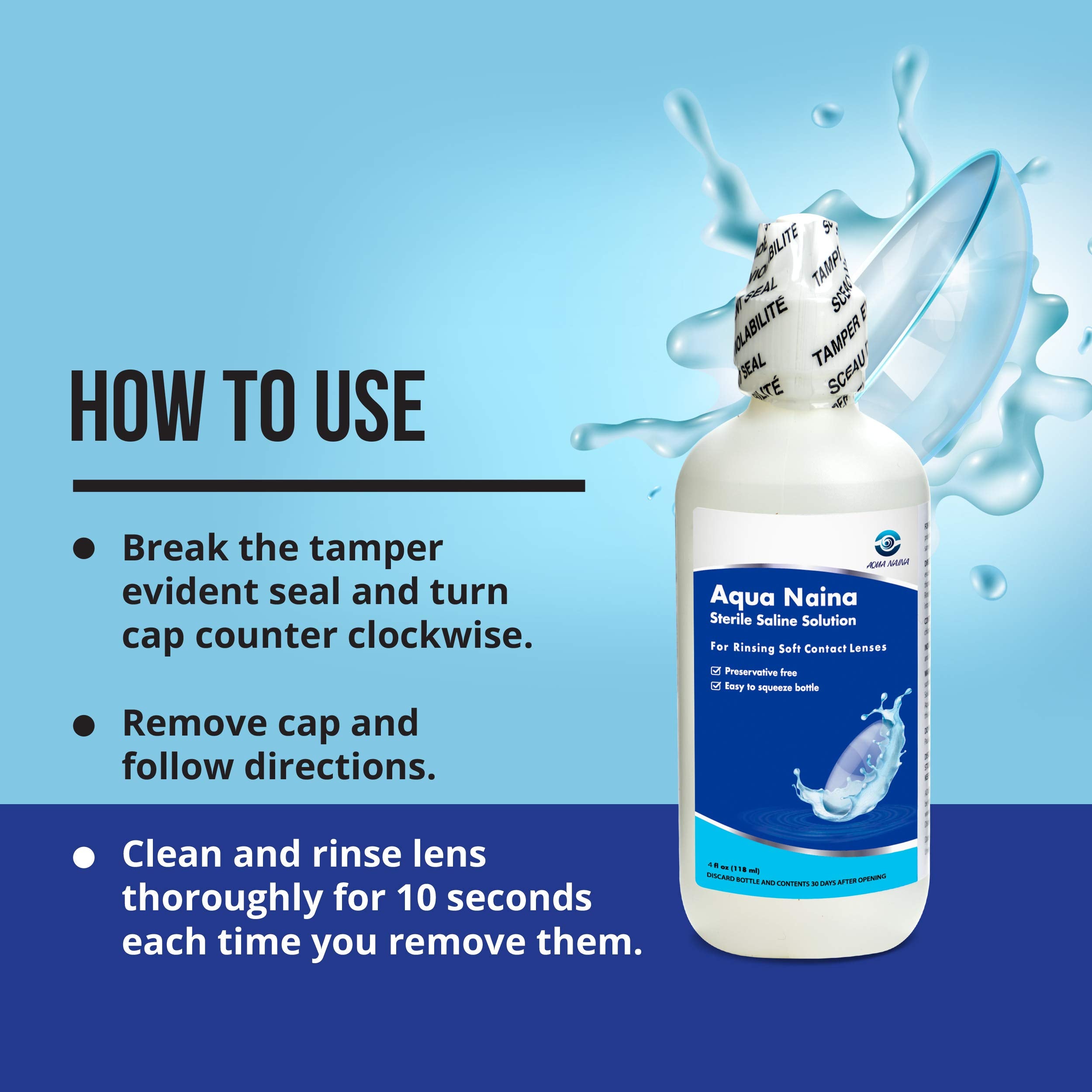 Compact 4 oz Aqua Naina bottles ideal for travel and on-the-go lens care.