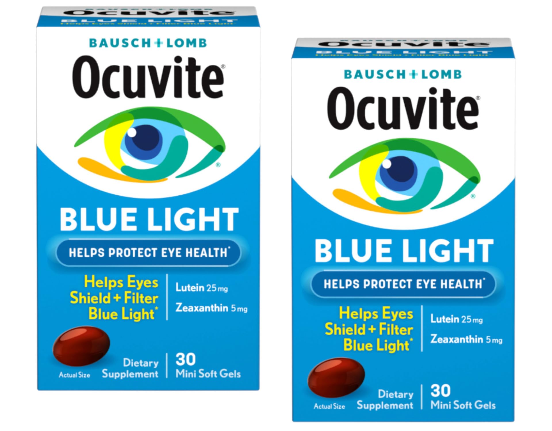Ocuvite Blue Light softgels close-up highlighting lutein and zeaxanthin